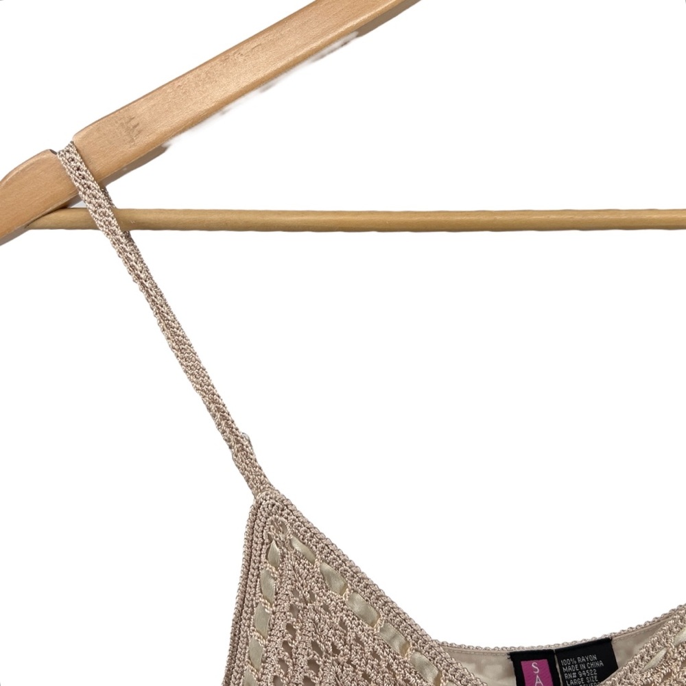 Say What? Y2K Crochet Double Layer Tank Sz L Ribbon Tie Tan Adjustable Strap - Picture 10 of 16